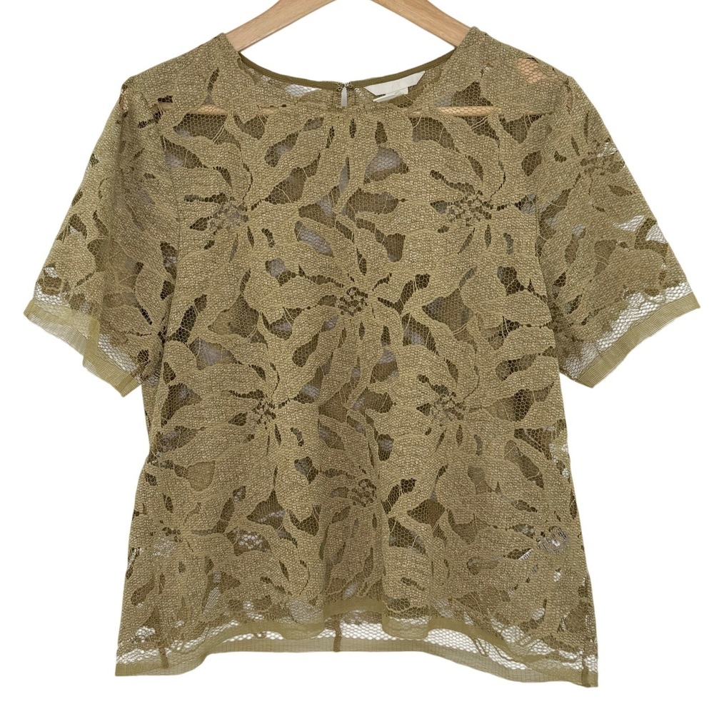 H&M‎ Lace Overlay Short Sleeve Top Olive Green Women's Size 14